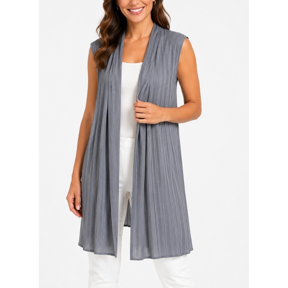 Chico's Pleated Vest Womens 0 Gray NEW Longline Open Front Sleeveless Cardigan